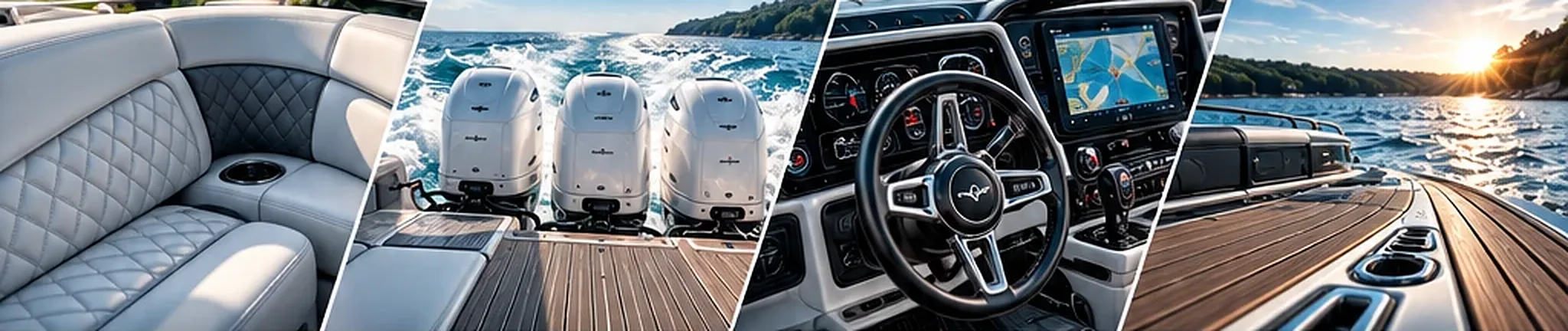Boat upholstery, outboard engines, helm and teak deck after detailing
